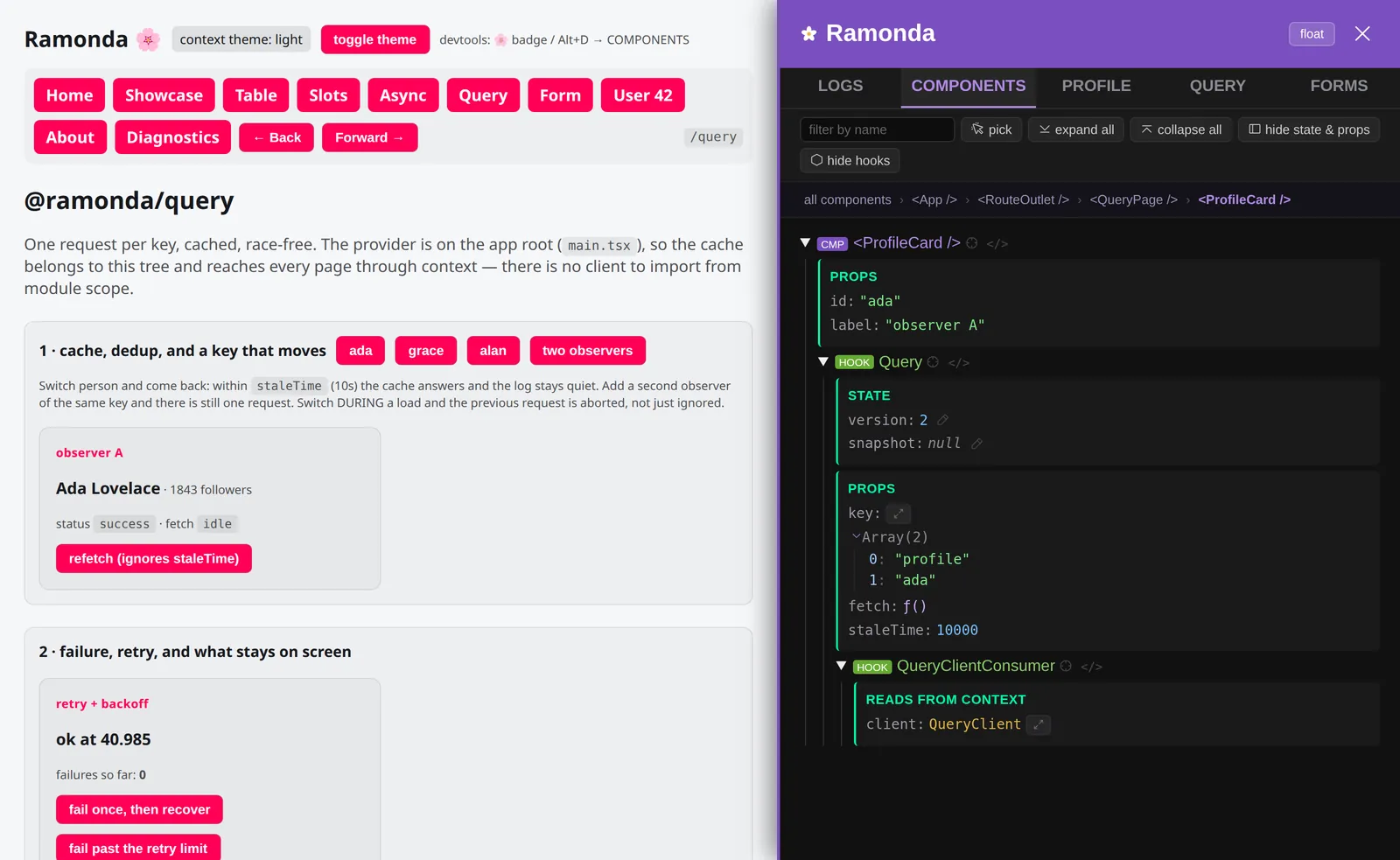 The panel docked beside the app, with ProductCard focused: its props, its Query hook's state, and what
that hook reads from context