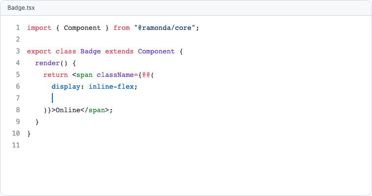 Inside a block: "$color." offers the project's token groups accent, surface and text; hovering
display shows its grammar, initial value and whether it inherits; and z-index: 5 is underlined
because this project allows only 0, 1, 10, 100 and 1000.